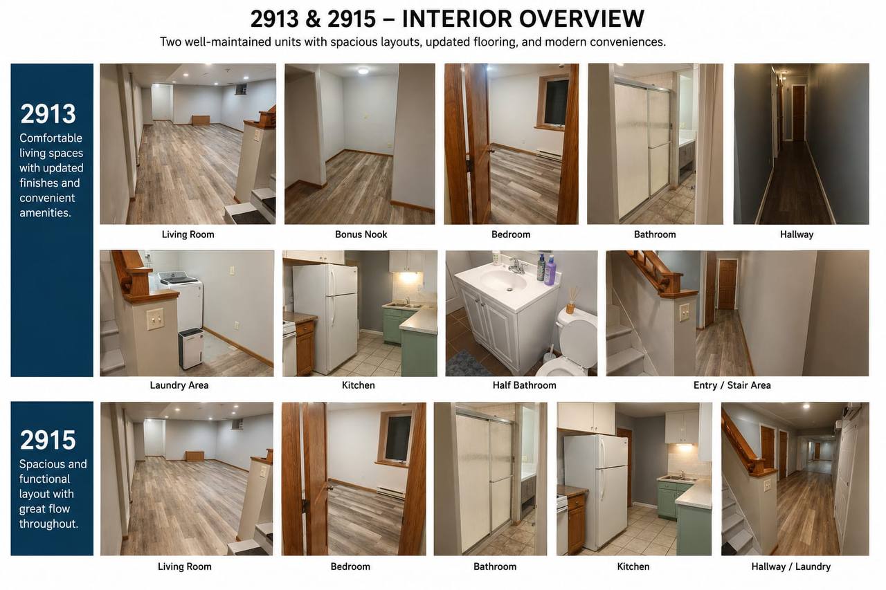 Interior views of 2913 and 2915 Longfellow Charmer &mdash; living rooms, bedrooms, bathrooms, and kitchens